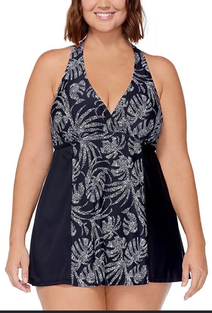 Island Escape Black Tropical Underwire H Back Swim Dress One Piece 22W NWT